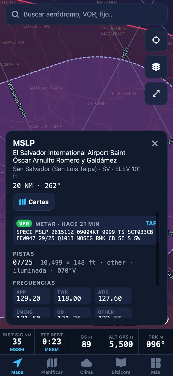 MSLP airport card with VFR category, METAR, runway 07/25 and frequencies