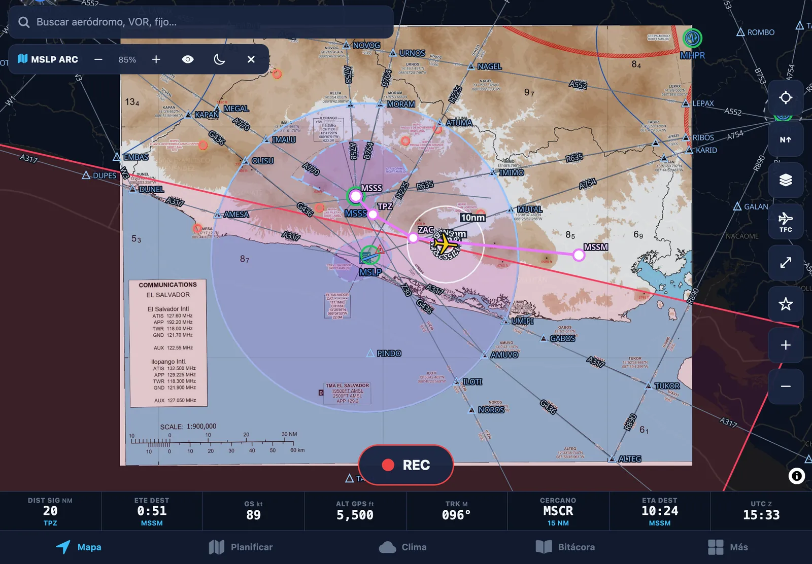 MSLP AIP area chart georeferenced on the map, with the route and aircraft on top