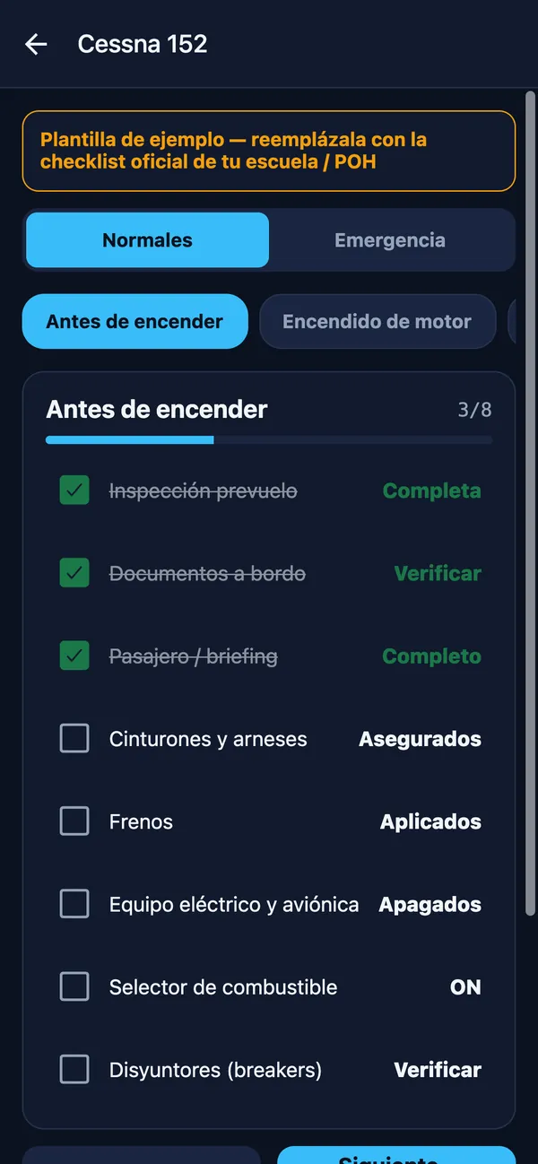 Editable Cessna 152 checklist with items checked off
