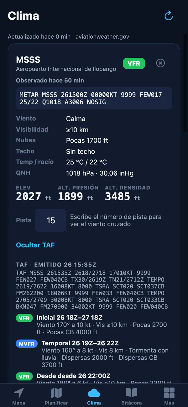 Weather tab: decoded MSSS METAR and TAF, density altitude and TAF periods with category