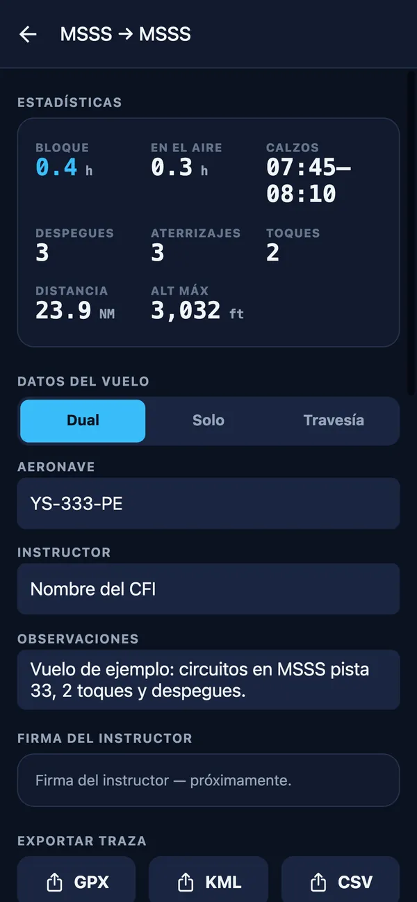 Flight stats (block, air time, takeoffs, landings, touch-and-gos) and GPX, KML and CSV export