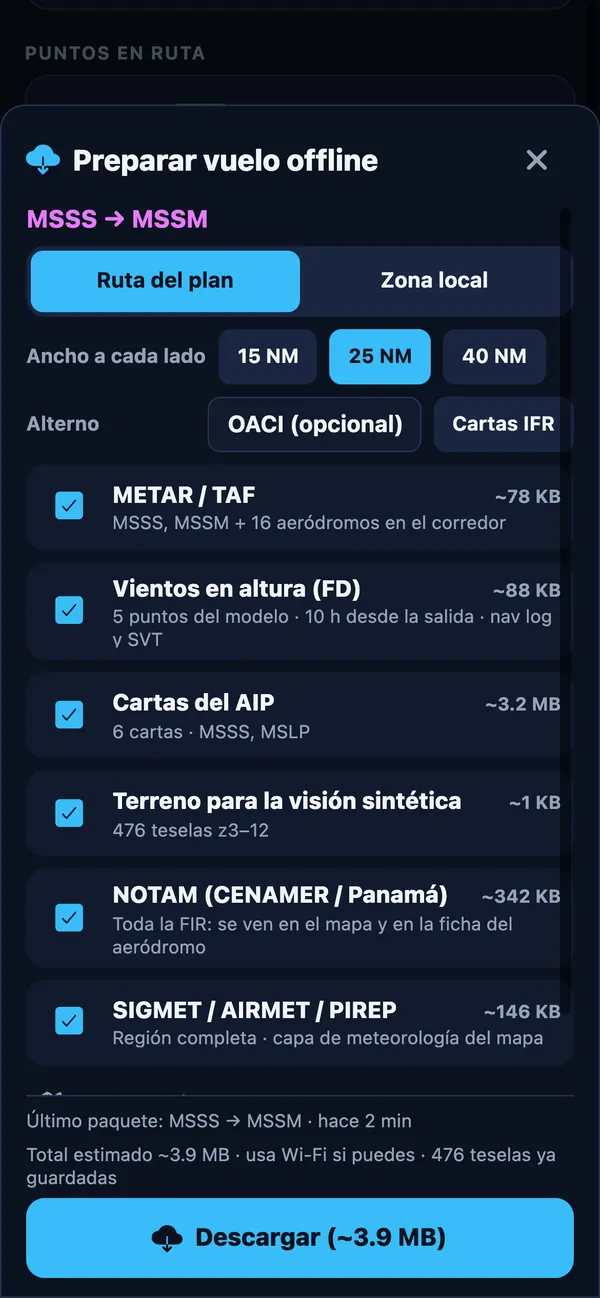 Offline flight pack: METAR/TAF, winds, charts, terrain, NOTAMs and SIGMETs for the route corridor