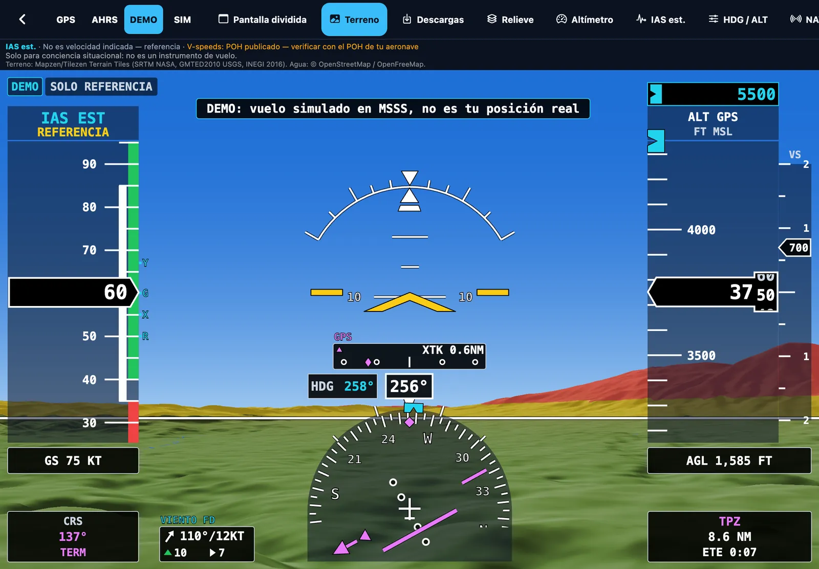 Synthetic vision in DEMO mode over El Salvador, with the volcano highlighted by terrain proximity