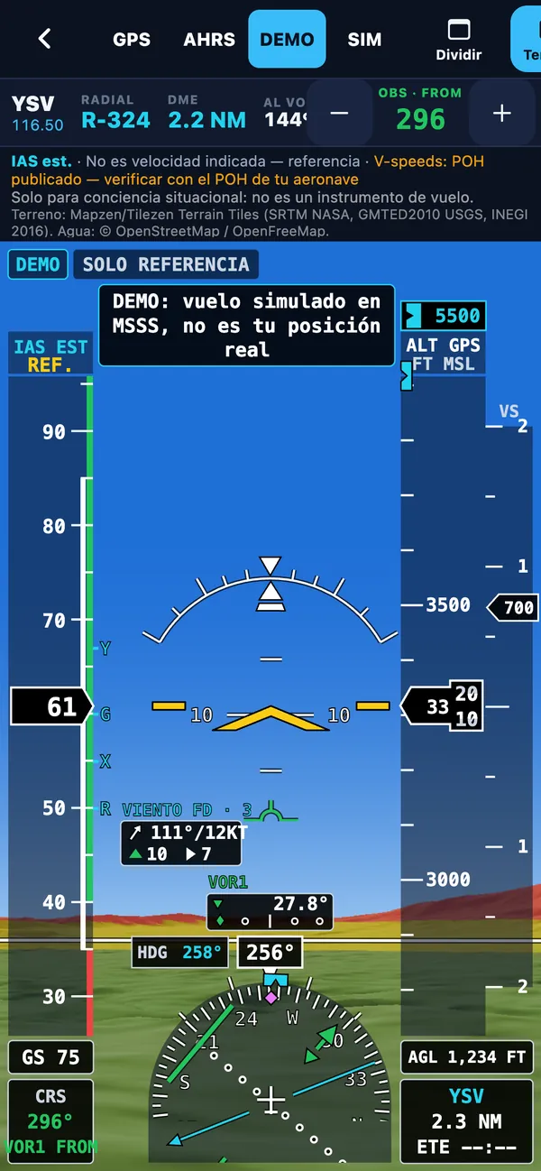 PFD with terrain on iPhone: VOR1, FD wind box, HSI and altitude bug
