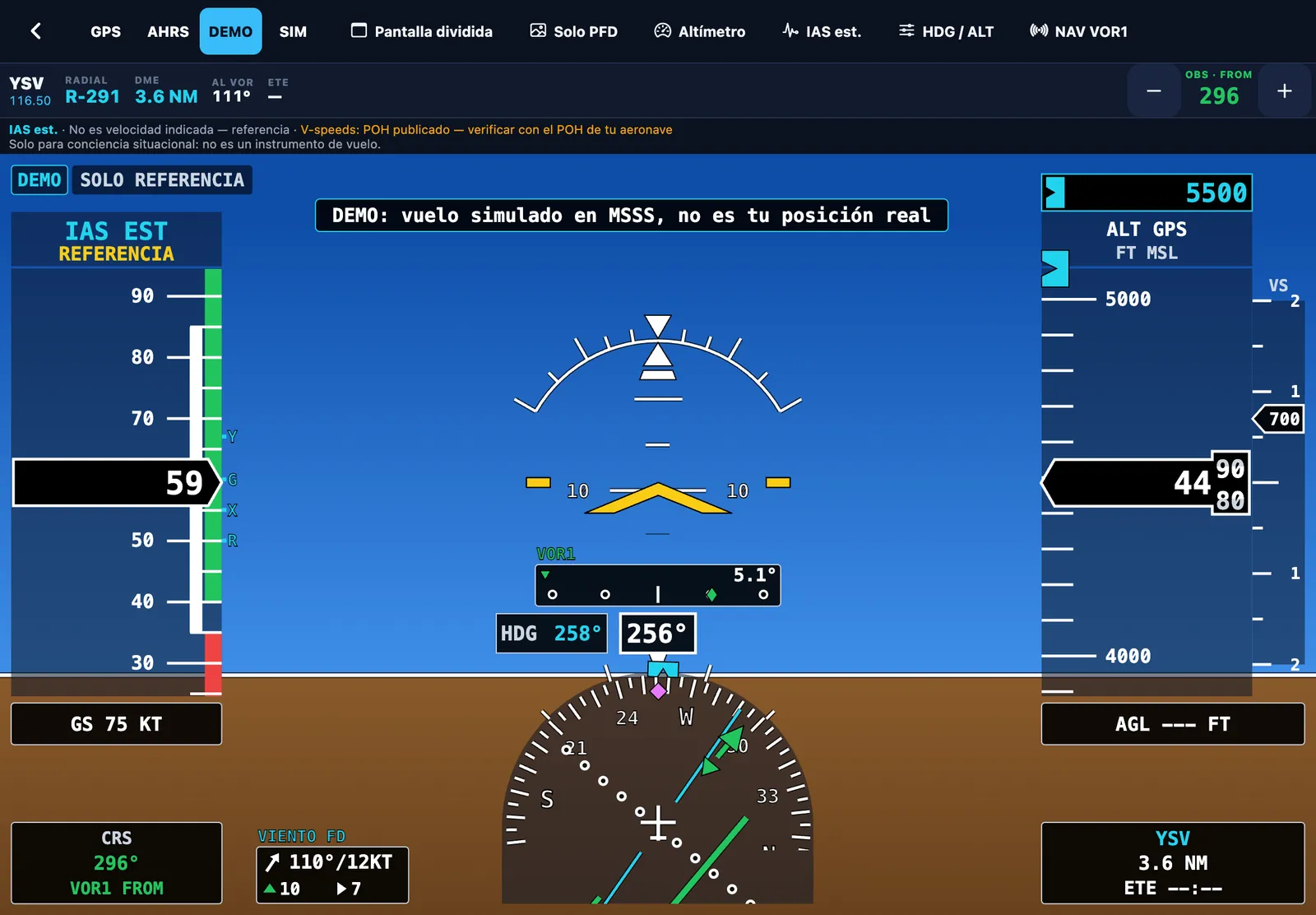 PFD only, no terrain: VOR1 tuned, OBS course, HDG 258° and ALT 5500 bugs and FD wind