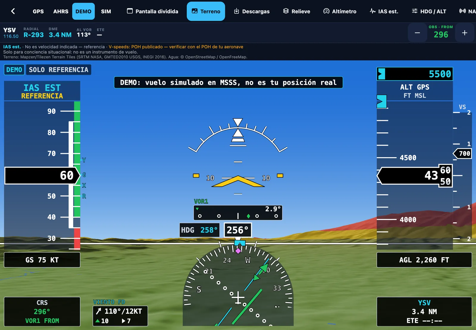 Glass-cockpit PFD with 3D terrain over El Salvador: speed and altitude tapes, HSI on VOR1, HDG and ALT bugs and wind box
