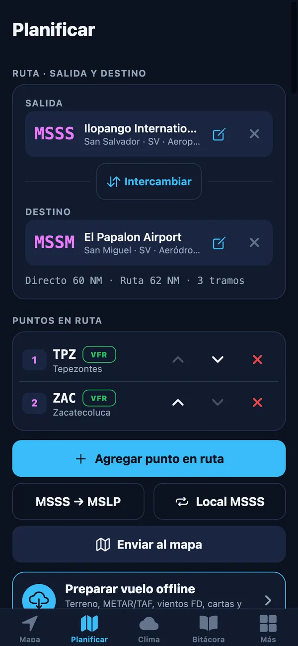 Route builder: departure MSSS, destination MSSM and VFR points TPZ and ZAC