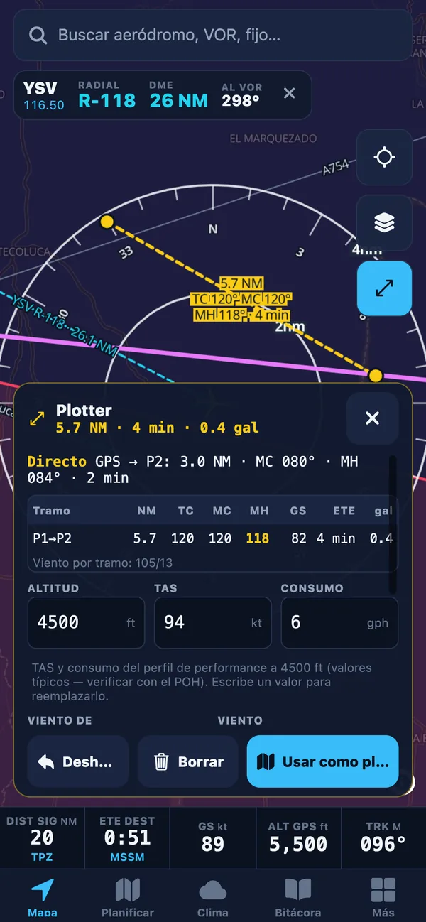 Plotter on the map: a measured leg with distance, TC, MC, MH and time