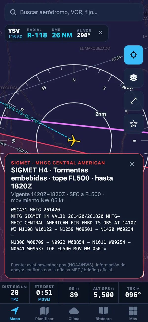 Thunderstorm SIGMET on the map, with its text and validity
