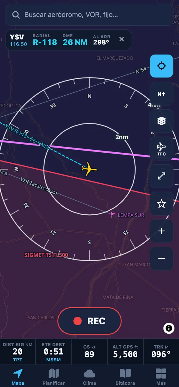 YSV VOR tuned on the map: radial, DME and bearing to the VOR